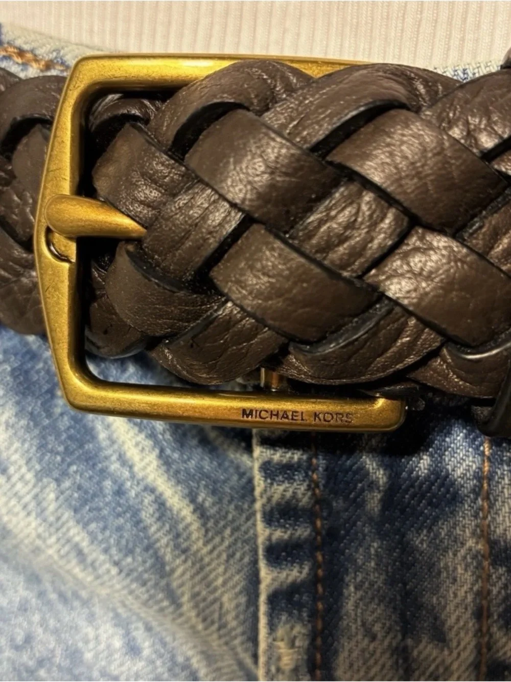 Michael Kors Womens belt Braided Leather Dark Brown Antique Gold Buckle Logo
